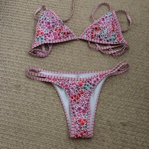 SHEIN Pink Floral Stripe Triangle Bikini Set